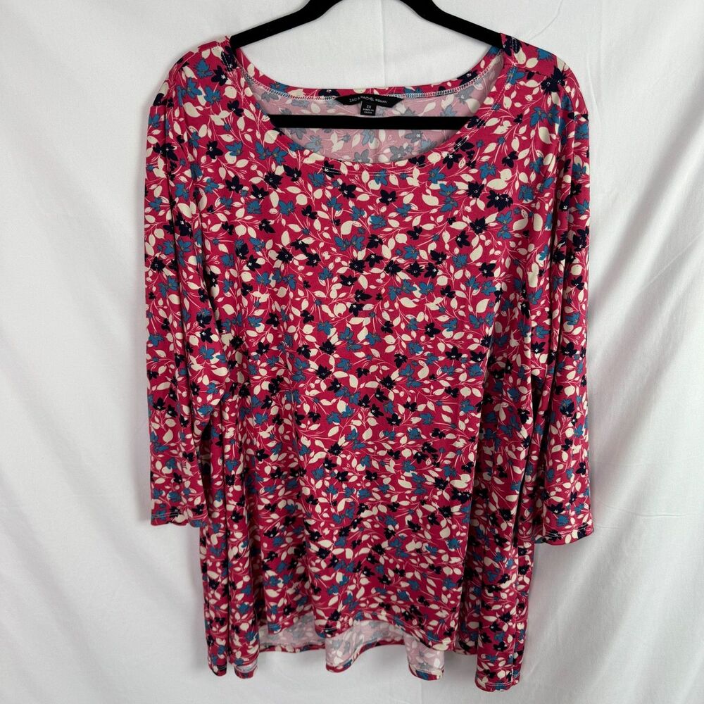 Zac & Rachel Women's Tunic Top Size 2X Pink Floral Print 3/4 Sleeves